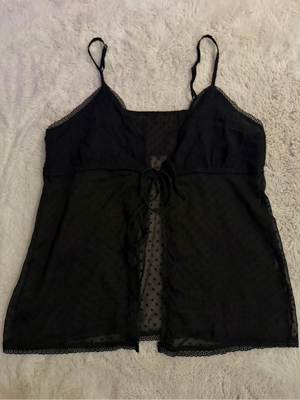 Black Sheer Polka-Dot Lace Trim Front Tie Cami Top
